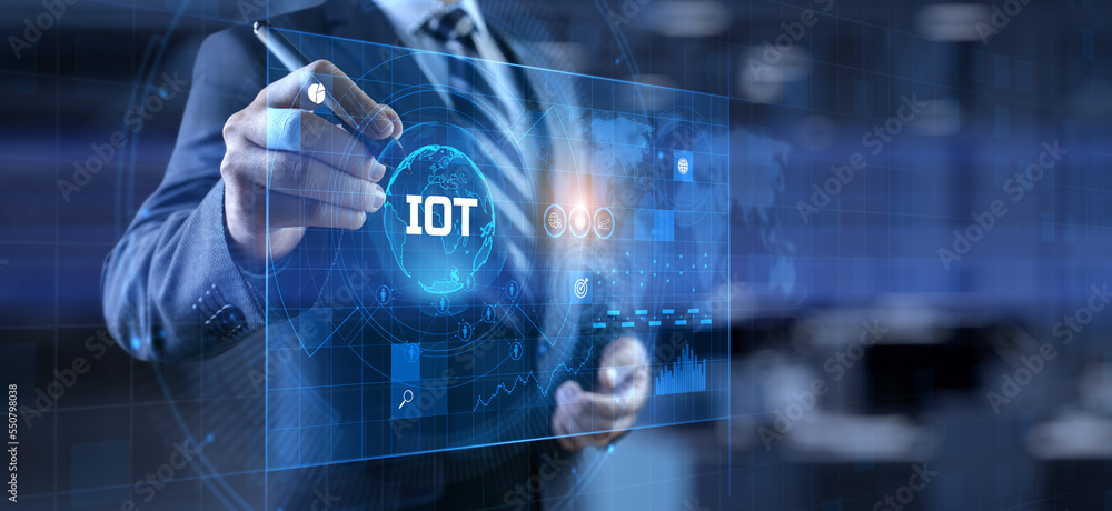 Poster iot internet of things innovation technology concept. businessman pressing button on screen.
