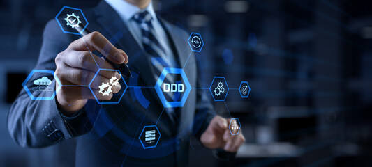 Domain-driven design Software development programming concept. Businessman pressing button. - obrazy, fototapety, plakaty
