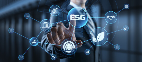 ESG environmental social governance business strategy investing concept. Businessman pressing...