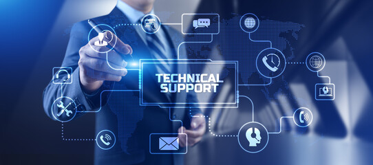 Technical support customer service concept. Businessman pressing button on screen.