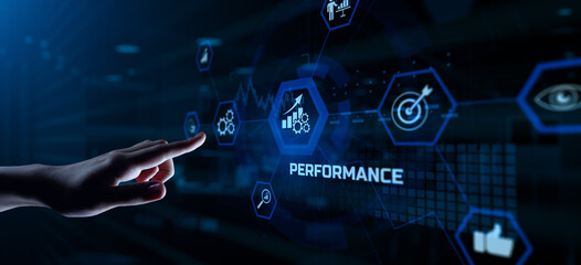 Performance Productivity KPI Business development concept. Hand pressing button on virtual screen.