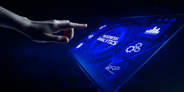 Business analytics BI Intelligence concept. Hand pressing button on virtual screen. © Murrstock