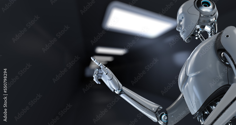 Aufkleber robot cyborg 3d render on blurred background. innovation technology robotisation.