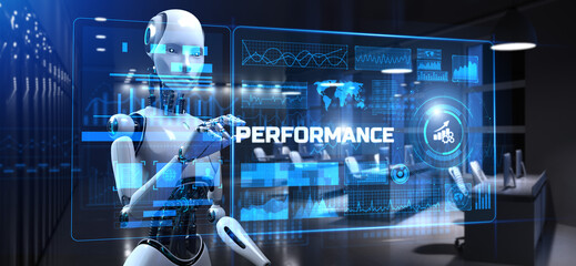 Performance Efficiency KPI Business development concept. Robot pressing button on screen 3d render.