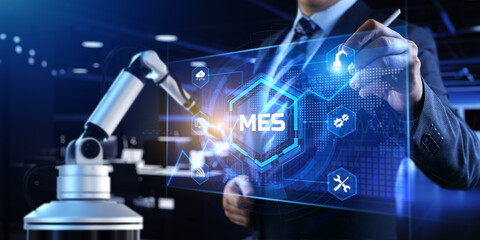 MES Manufacturing execution system. Business industrial technology concept. Cobot 3d render.