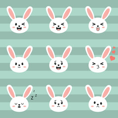 A set of cute kawaii rabbit faces; Rabbit symbol of 2023; Decoration for New Year, Easter