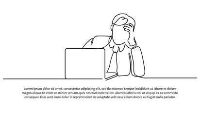 Simple continuous line design of a young businessman who is stressed because of office work. Decorative elements drawn on a white background.
