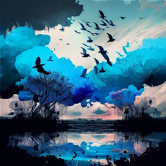 Birds and blue sky in a swamp, fantasy