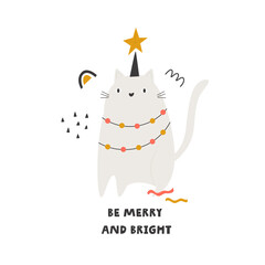 Flat vector illustration with funny cat in Christmas garland