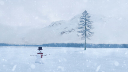 Winter Landscape With snowman and snowy tree and mountain background, snowing ang fog atmosphere 3d rendering