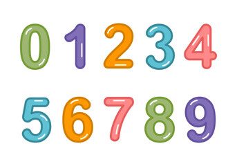 Cute number set of 0 to 9 in flat design on white background.