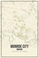 Retro US city map of Monroe City, Indiana. Vintage street map.