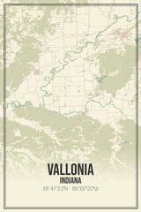 Retro US city map of Vallonia, Indiana. Vintage street map.