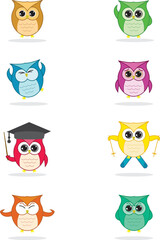 cute illustrations of owls with different colors and expressions. suitable for social media stickers