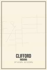 Retro US city map of Clifford, Indiana. Vintage street map.