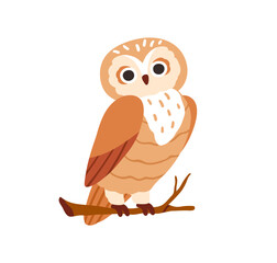 Cute adorable owl sitting on tree branch. Amusing pretty feathered bird on twig. Lovely sweet owlet. Charming nice funny birdie. Flat vector illustration isolated on white background