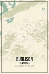 Retro US city map of Burlison, Tennessee. Vintage street map.