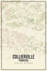 Retro US city map of Collierville, Tennessee. Vintage street map.
