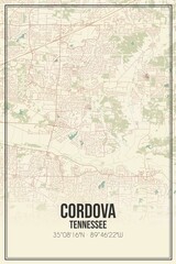 Retro US city map of Cordova, Tennessee. Vintage street map.