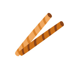 Rolled wafer sticks. Crispy dessert, sugar snack. Crunchy sweet straws, biscuits. Long striped chocolate and vanilla cookies for decoration. Flat vector illustration isolated on white background