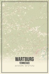 Retro US city map of Wartburg, Tennessee. Vintage street map.