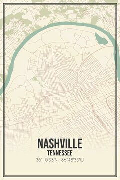 Retro US City Map Of Nashville, Tennessee. Vintage Street Map.