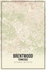 Retro US city map of Brentwood, Tennessee. Vintage street map.