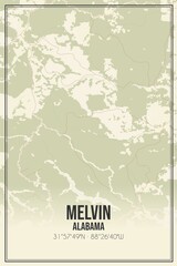 Retro US city map of Melvin, Alabama. Vintage street map.