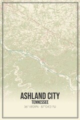 Retro US city map of Ashland City, Tennessee. Vintage street map.