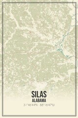 Retro US city map of Silas, Alabama. Vintage street map.