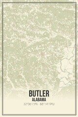 Retro US city map of Butler, Alabama. Vintage street map.