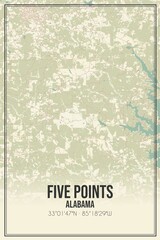 Retro US city map of Five Points, Alabama. Vintage street map.