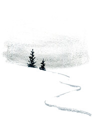 Fototapeta premium Watercolor hand painted illustration of pines in blue and gray colors.