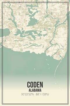 Retro US city map of Coden, Alabama. Vintage street map.