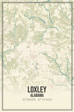 Retro US city map of Loxley, Alabama. Vintage street map.