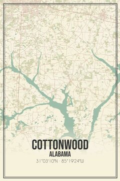 Retro US city map of Cottonwood, Alabama. Vintage street map.