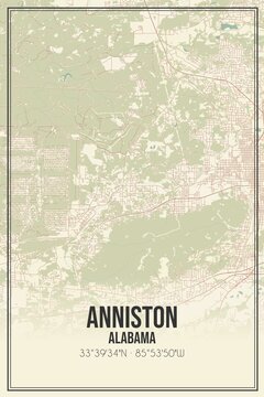 Retro US city map of Anniston, Alabama. Vintage street map.
