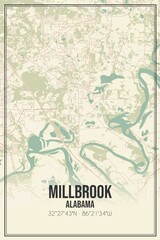 Retro US city map of Millbrook, Alabama. Vintage street map.