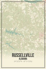 Retro US city map of Russellville, Alabama. Vintage street map.