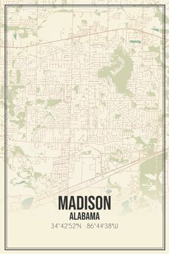 Retro US city map of Madison, Alabama. Vintage street map.