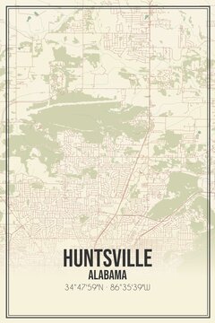 Retro US city map of Huntsville, Alabama. Vintage street map.