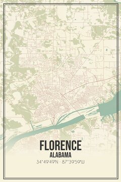 Retro US city map of Florence, Alabama. Vintage street map.
