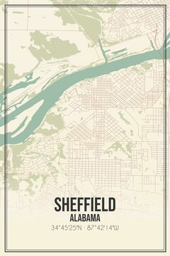 Retro US city map of Sheffield, Alabama. Vintage street map.
