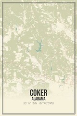 Retro US city map of Coker, Alabama. Vintage street map.