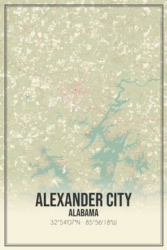 Retro US city map of Alexander City, Alabama. Vintage street map.
