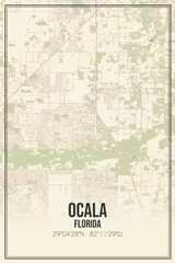 Retro US city map of Ocala, Florida. Vintage street map.