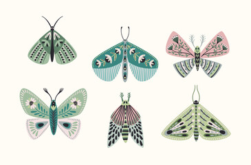 Set of abstract butterflies and moths. Clipart, isolated elements. Vector.