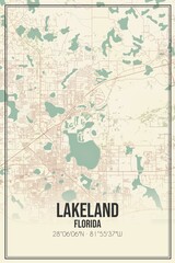 Retro US city map of Lakeland, Florida. Vintage street map.