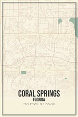 Retro US city map of Coral Springs, Florida. Vintage street map.