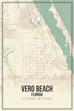 Retro US city map of Vero Beach, Florida. Vintage street map.